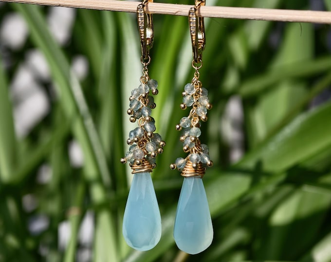 Aqua Chalcedony Earrings, Apatite Cluster Dangle Earrings, Gold Plated Leverback, One of a Kind Gemstone Jewelry