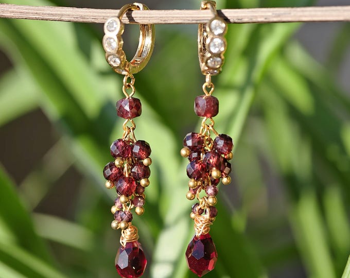 Garnet Cluster Earrings, Gold Huggie Hoops, Red Crystal Dangle, One of a Kind Gemstone Jewelry