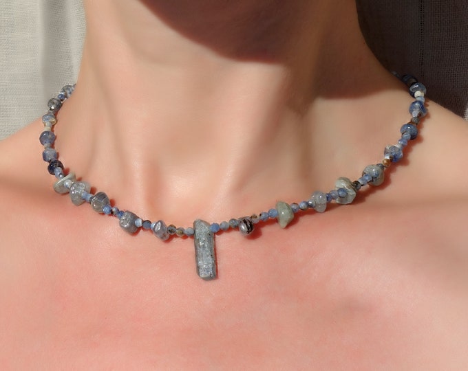 Elegant Blue Kyanite Necklace - Handcrafted Natural Crystal Jewelry. Necklace with kyanite and sterling silver clasp. Raw kyanite choker