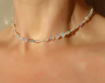 Opal Kyanite Choker Necklace 34+2cm Sterling Silver, Natural Opal Fire Glow, Minimalist Gemstone Layering Jewelry, Rainbow opal necklace