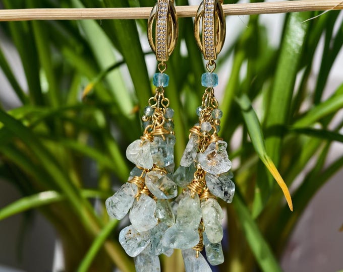 Raw Aquamarine Earrings Long Dangle | Cluster Cascade | Gold Plated Stainless Steel | Patina Blue Gemstone Jewelry | Gift for Her