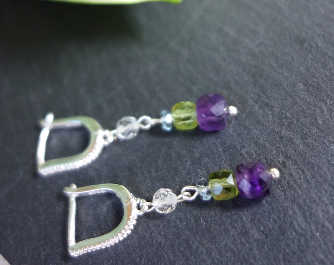 Amethyst, peridot, aquamarine and topaz earrings sterling silver, peridot earrings, genuine Amethyst earrings, genuine chrysolite earrings