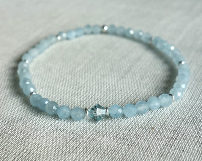 Aquamarine Bracelet with sterling silver beads, Beryl bracelet, birthstone bracelet, light blue bracelet, thin aquamarine bracelet