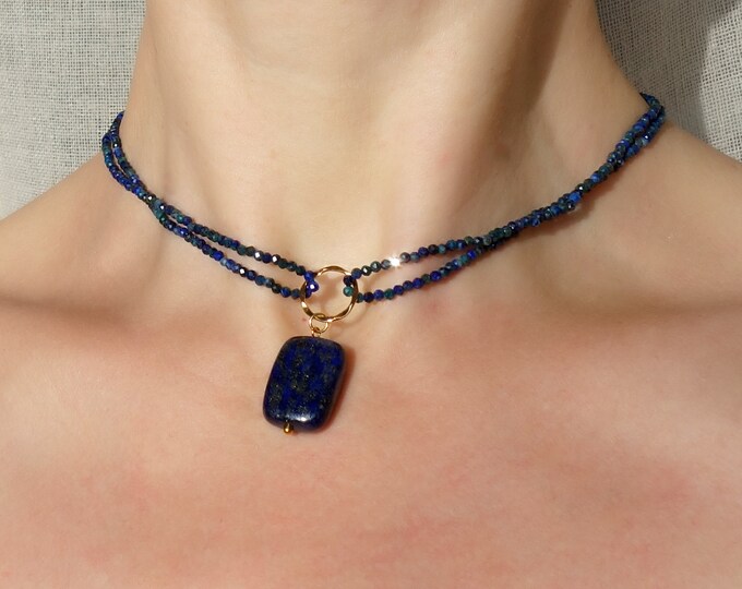 Natural Lapis lazuli necklace with lapis lazuli pendant, Lapis Lazuli Delicate Beaded Necklace, Blue necklace, lapis lazuli pendant necklace