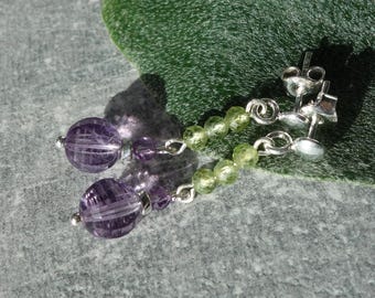 Amethyst, peridot earrings sterling silver, Sterling silver earrings, genuine Amethyst earrings, genuine chrysolite earrings