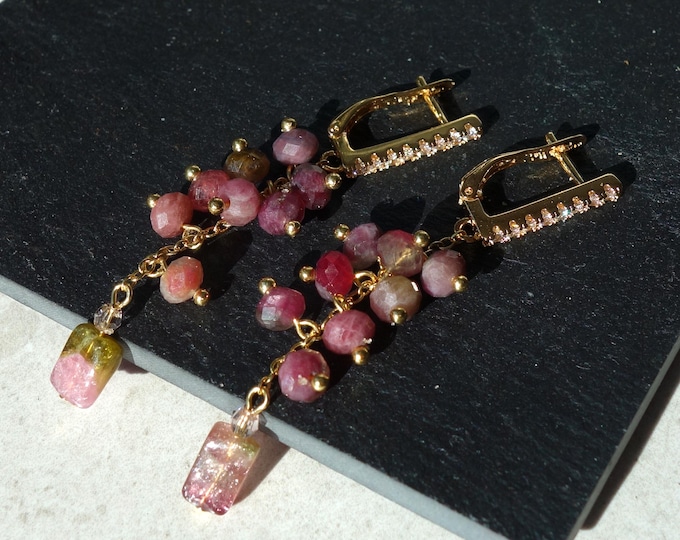 Dainty Multi-Color Tourmaline Cluster Earrings with Gold Plated CZ Huggies - Natural Gemstone Drop Earrings, genuine tourmaline earrings