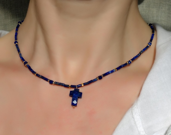 Natural Lapis lazuli necklace with lapis lazuli pendant, Lapis Lazuli Delicate Beaded Necklace, Blue necklace, lapis lazuli cross necklace
