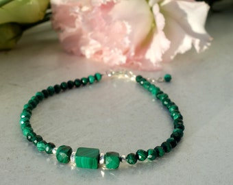 Malachite Bracelet with Sterling silver beads and clasp, Genuine malachite bracelet, Natural Malachite bracelet, malachite bead