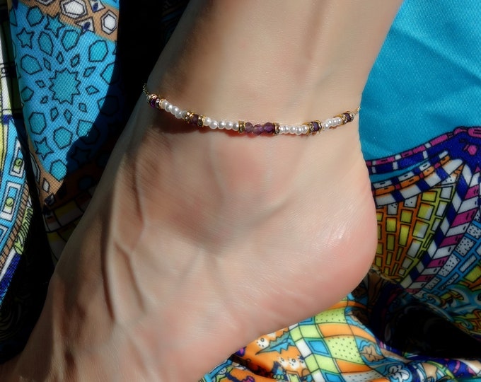 Anklet with artificial pearl and amethyst, yoga Anklet, Sun Anklet, Bead Anklet, Summer Anklet, ankle bracelet, hippie anklet