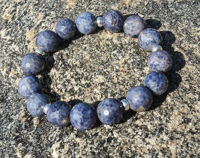 Blue Genuine Large Sapphire Bracelet with sterling silver, Faceted Sapphire 12 mm beads, Gemstone bracelet, Natural Sapphire bracelet