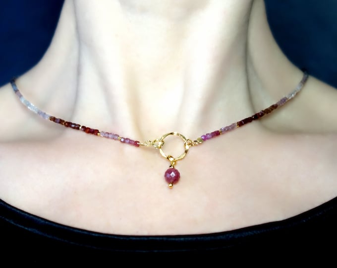 Pink Spinel necklace with Red spinel charm and gold plated over silver, Multicolor spinel necklace, Minimalist gemstone layering jewelry