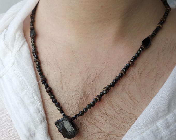 Dark green and Black Tourmaline choker for men, Schorl necklace, Black Tourmaline Necklace, Necklcace with black tourmaline pendant