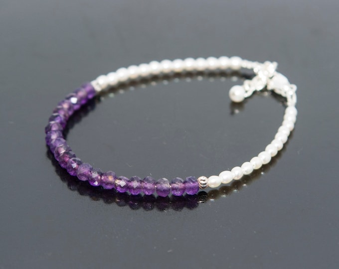 Amethyst Pearl Bracelet, Gemstone bracelet, Thin Bracelet, Pearl bracelet, gift for women, women bracelet, gift for her, birthstone bracelet