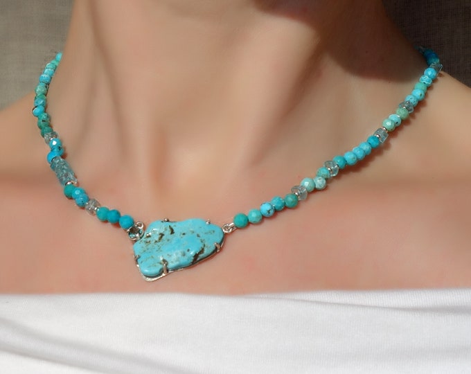 Turquoise Necklace with Tourmaline and Apatite – One-of-a-Kind Handmade Beaded Jewelry in Sterling Silver – Unique Gift for Her