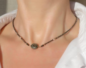 Minimalist pyrite choker with silver accents and unique eye bead.  Handmade Minimalist Necklace. Edgy Pyrite Necklace with Eye Bead
