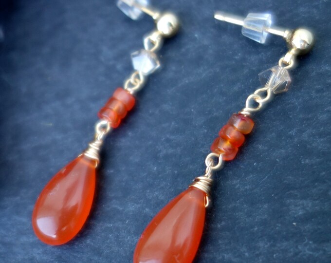 Carnelian earrings with swarovski crystals, carnelian drop earrings, Goldplated carnelian earrings, carnelian studs, real carnelian