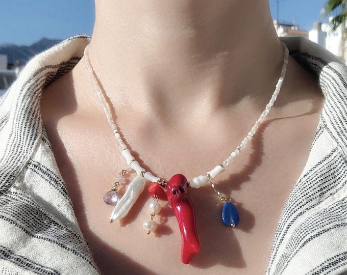Mother of Pearl Necklace with Coral Kyanite Pearl Charm, One of a Kind Gold Plated Beaded Necklace, Ocean Inspired Statement Jewelry