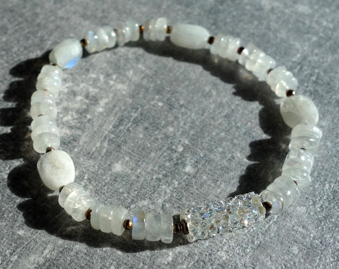 Moonstone Bracelet with Swarovski crystals, Moonstone Jewelry, Genuine Moonstone bracelet with Sterling silver, Rainbow Moonstone Bracelet
