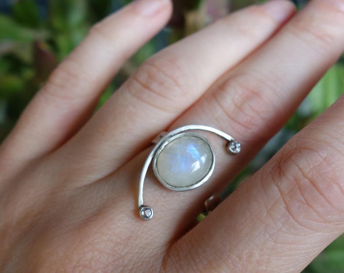 Sterling Silver Moonstone Ring – Size 17. Natural Rainbow Moonstone with Two White Topaz, Unique Celestial Design, Handmade Gemstone Jewelry