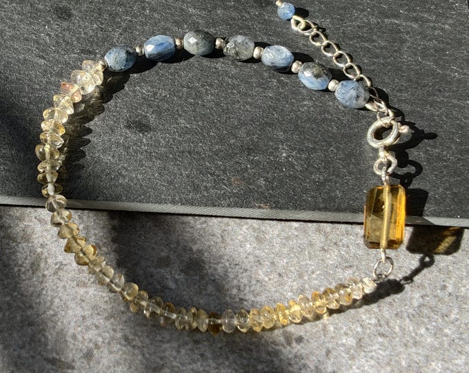Citrine Kyanite Bracelet, Blue Yellow Gemstone Beaded Bracelet, Sterling Silver, One of a Kind Handmade Jewelry Gift for Her