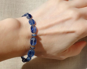 Natürliches Kyanit-Armband mit vergoldetem Silber, Edelstein-Armband, Meditationsarmband, echter Kyanit, blaues Kyanit-Armband