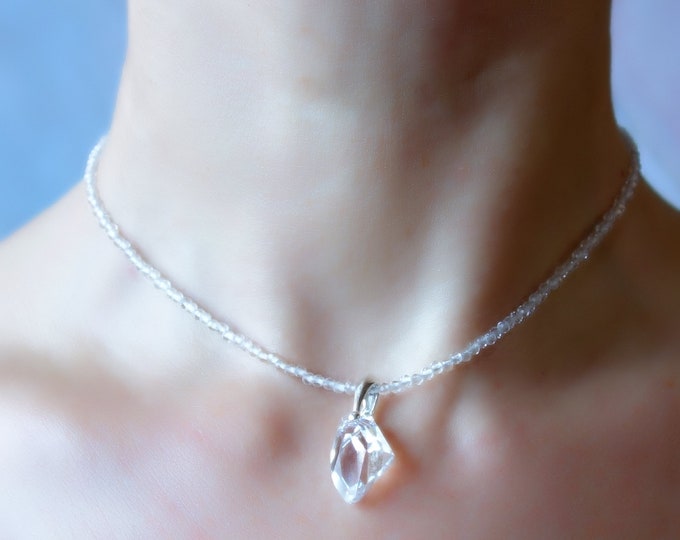 Clear quartz necklace for women, rock crystal necklace with Swarovski pendant, clear quartz choker, rock crystal quartz choker, boho choker