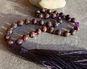 Purple Dzi Agate and Amethyst Rosary, Traditional Rosary With Agate Dzi and Amethyst Stone - 30 Beads, Meditation Prayer Beads