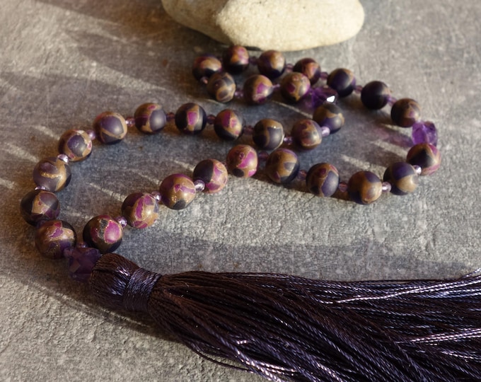 Purple Dzi Agate and Amethyst Rosary, Traditional Rosary With Agate Dzi and Amethyst Stone - 30 Beads, Meditation Prayer Beads