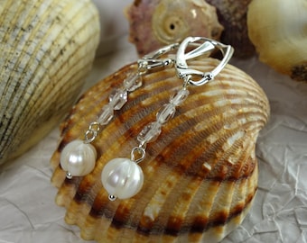 Faceted Pearl & Herkimer Drop Earrings | Freshwater Pearl Earrings | Herkimer Diamond Faceted Pearl Earrings 4 cm Sterling Silver
