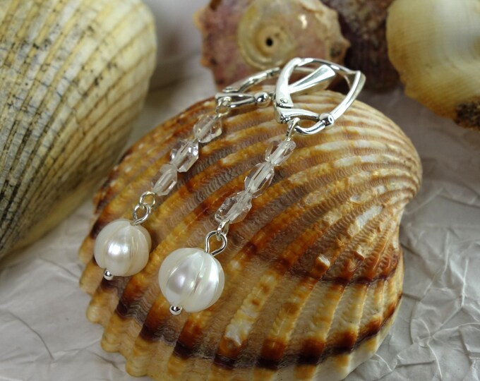 Faceted Pearl & Herkimer Drop Earrings | Freshwater Pearl Earrings | Herkimer Diamond Faceted Pearl Earrings 4 cm Sterling Silver