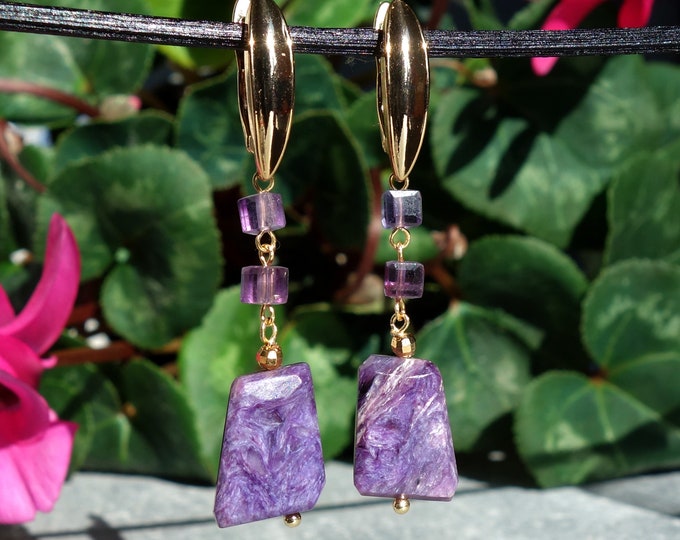 Genuine Charoite and fluorite earrings, genuine charoite earrings, charoite jewelry, purple stone earrings, natural charoite earrings