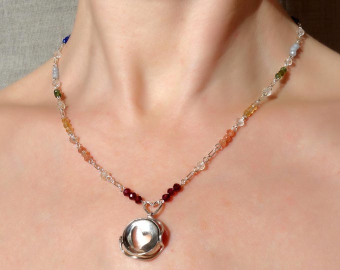 Rainbow Gemstone Necklace with Clear Quartz Silver Pendant – Healing Chakra Necklace – Adjustable Sterling Silver Chain – Gift for Her