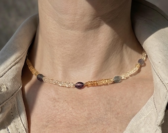 Citrine Necklace with Fluorite Beads, Handmade Beaded Gemstone Necklace, 15.4 Inch Choker Citrine and Fluorite Choker Necklace