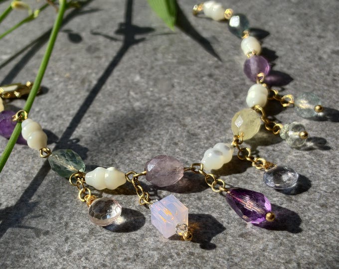 Fluorite & Mother of Pearl Charm Bracelet with Amethyst and Quartz Dangles, Gold Plated Stainless Steel, One of a Kind Beaded Bracelet