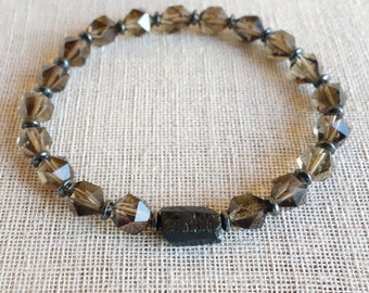 Smoky Quartz Bracelet with Black Tourmaline bead, Rare Natural schorl, Genuine Smoky quartz mens bracelet, bracelet for men, mens bracelet