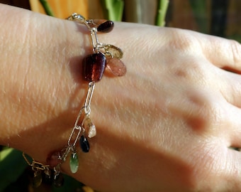 Rainbow Tourmaline Bracelet with Sterling Silver, Genuine rainbow tourmaline Stone, watermelon tourmaline bracelet, drop tourmaline stone