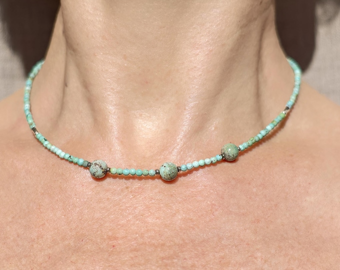 Genuine Turquoise Choker Necklace, Sterling Silver Clasp, Boho Beaded Gemstone Jewelry