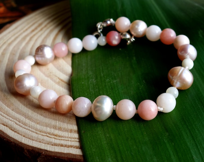 Pearl, pink opal and mother of pearl Bracelet with Sterling Silver clasp, Pearl Jewelry gift, pink pearl bracelet, pink opal bracelet