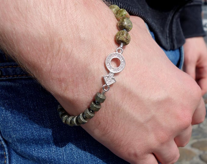 Unakite and Pyrite Men’s Bracelet – Natural Stone Stretch Bracelet with Silver Male Symbol Charm – Handmade 19cm Gift for Him