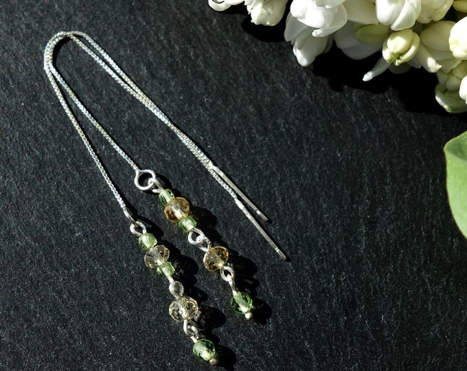 Citrine and peridot (chrysolite) handmade earrings with 925 sterling silver, long chain earrings, genuine peridot earrings, citrine earrings