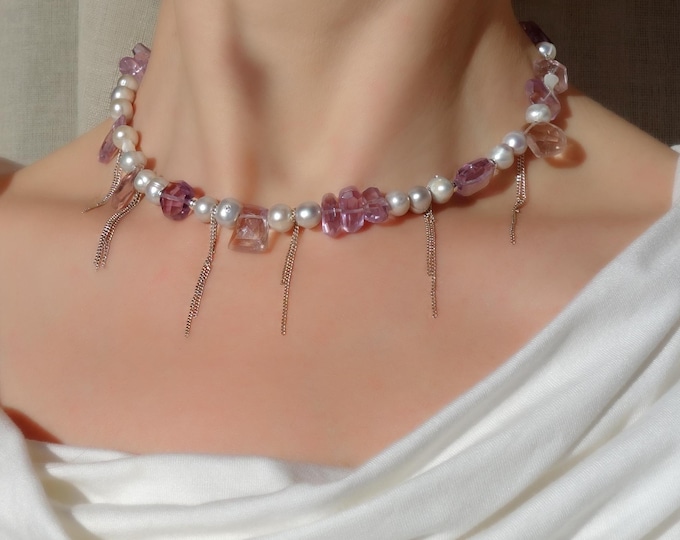 Pearl and ametrine necklace with sterling silver chains, pearl bohemian choker, Pearl, Mother-of-pearl Shell and Ametrine Necklace