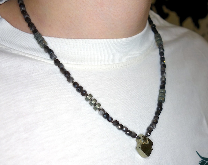 Pyrite and golden obsidian necklace with pyrite pendant, Pyrite Beaded Necklace, Pyrite Necklace for men, Mens Necklace with pyrite