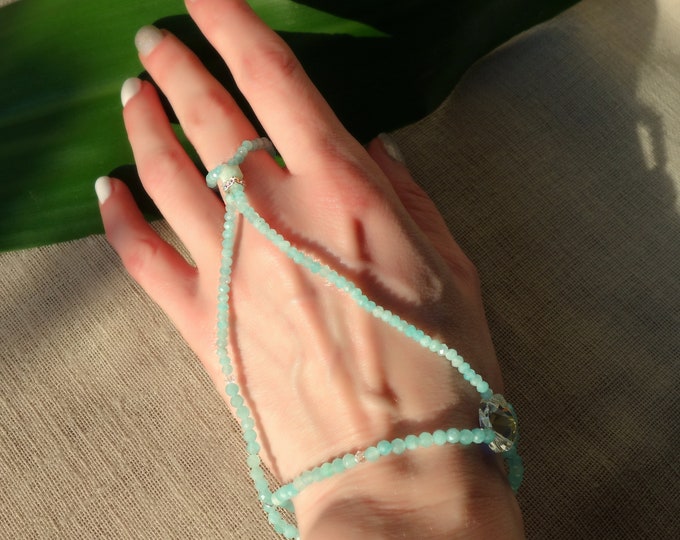 Amazonite Handlet, Blue stone handlet, Amazonite ring, Amazonite bracelet, Stone Ring Bracelet, Bracelet ring jewelry, Bohemian hand jewelry