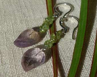 Natural Ametrine and Peridot Sterling Silver Earrings, genuine ametrine earrings, genuine peridot earrings, ametrine jewelry, leaf earrings