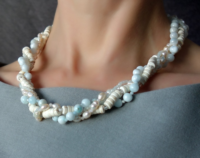 Multistrand necklace with gemstones, Layered necklace with larimar, pearl, aquamarin , multi row necklace, layered necklace set