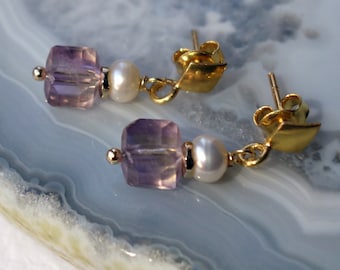 Pearl and ametrine earrings with gold-plated sterling silver, pearl earring, Goldplated Sterling silver earrings, ametrine earrings