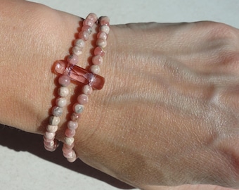 Rhodochrosite Bracelet with Swarovski, double row pink rhodochrosite bracelet, rhodochrosite jewelry, multi-row bracelet with rhodochrosite