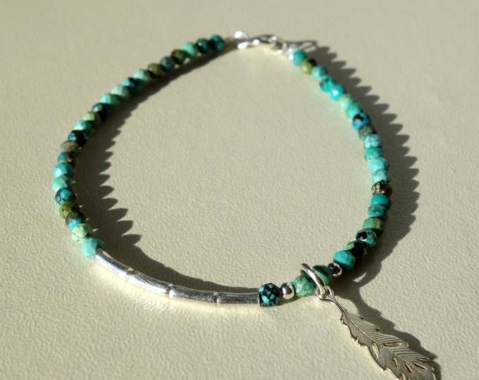 Turquoise bracelet with sterling silver, Turquoise Delicate Beaded Bracelet, Minimalist turquoise bracelet with Silver feather pendant