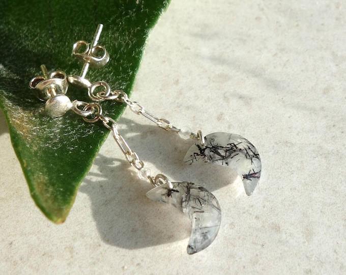 Tourmaline quartz earrings sterling silver, Sterling silver earrings, genuine quartz earrings, moon shaped earrings