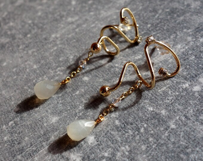 Moonstone Drop Earrings - 4 cm - Stainless Steel - 10×6 mm Faceted Teardrops - One of a Kind - Minimalist Dangle Gift for Her
